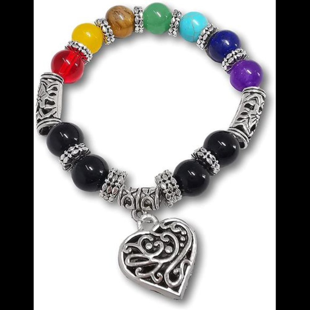 Crystal Elastic Bracelet with Heart 10mm Hollow Pattern Chakra Reiki Crystals